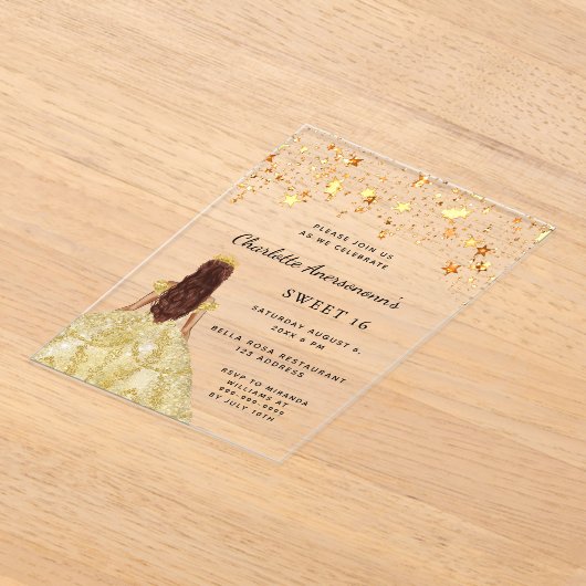 Invitations En Acrylique Sweet 16 étoiles robe or clair (Poser)