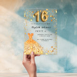 Invitations En Acrylique Sweet 16 étoiles robe or clair<br><div class="desc">Pour un Sweet 16 élégant,  Un arrière - plan clair et transparent. Décoré avec des étoiles faux or et une robe dorée. Personnalisez et ajoutez votre nom et les détails de votre fête.</div>