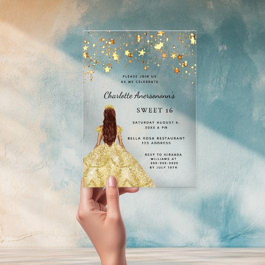 Invitations En Acrylique Sweet 16 étoiles robe or clair