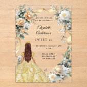Invitations En Acrylique Sweet 16 robe or fleurons jaune clair (Recto)