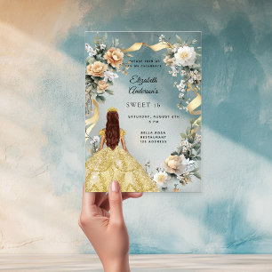 Invitations En Acrylique Sweet 16 robe or fleurons jaune clair