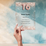 Invitations En Acrylique Sweet 16 rose or clair fête<br><div class="desc">Pour une soirée Sweet 16,  16ème anniversaire. Un arrière - plan clair et transparent. Décoré avec des confettis en or rose et le numéro 16,  écrit avec une police de style ballons. Personnalisez et ajoutez votre nom et les détails de votre fête.</div>