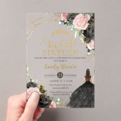 Invitations En Acrylique Sweet 16 Seize Robe Noire Rose Floral Or (In situ (ordinateur de poche))