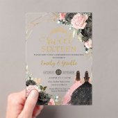 Invitations En Acrylique Sweet 16 Seize Robe Noire Rose Floral Or Twin (In situ (ordinateur de poche))