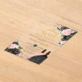 Invitations En Acrylique Sweet 16 Seize Robe Noire Rose Floral Or Twin (Poser)