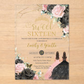 Invitations En Acrylique Sweet 16 Seize Robe Noire Rose Floral Or Twin (Recto)