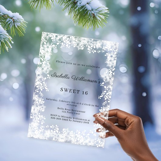 Invitations En Acrylique Sweet 16 white snowflakes winter party frosted