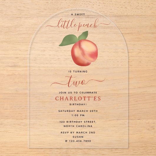 Invitations En Acrylique Sweet Little Peach Anniversaire de enfant Party (Recto)