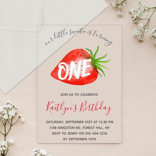Invitations En Acrylique Sweet Little Strawberry 1er anniversaire