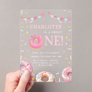 Invitations En Acrylique Sweet One Donut Rose Première fête d'anniversaire