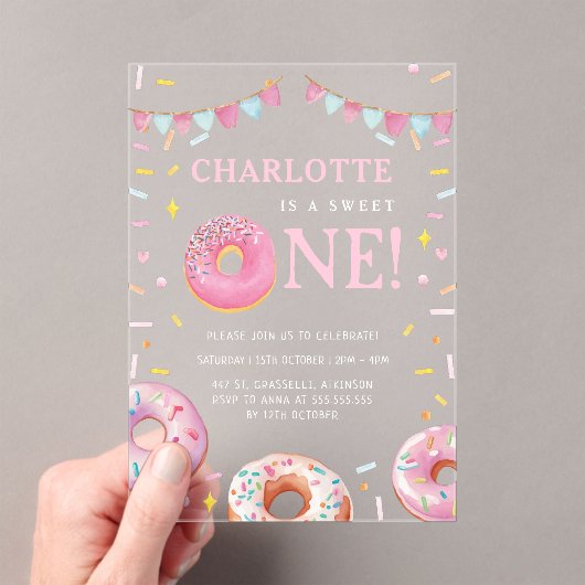 Invitations En Acrylique Sweet One Donut Rose Première fête d'anniversaire (In situ (ordinateur de poche))