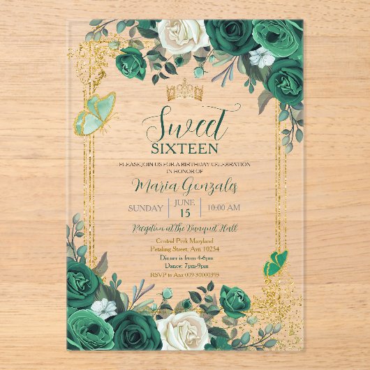 Invitations En Acrylique Sweet sixteen Emerald Green & Gold (Recto)