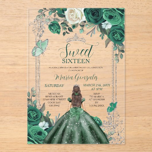 Invitations En Acrylique Sweet sixteen Emerald Green & Silver Anniversaire (Recto)