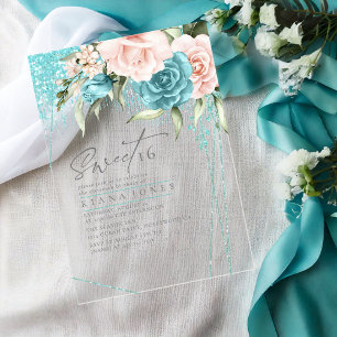 Invitations En Acrylique Sweet sixteen Floral Sparkles ID Turquoise912