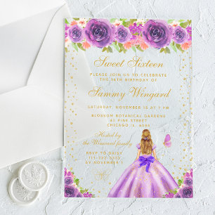 Invitations En Acrylique Sweet sixteen Princess Floral Blonde