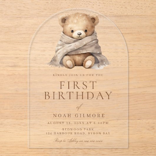 Invitations En Acrylique Sweet Teddy Bear 1er fête d'anniversaire (Recto)