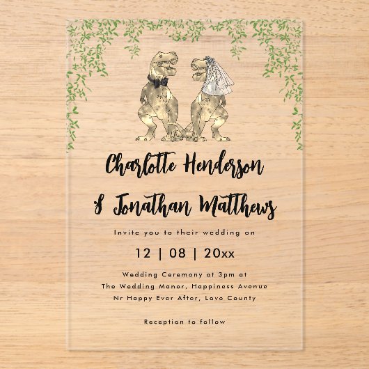 Invitations En Acrylique T-Rex Bride & Groom Dinosaur Theme Wedding  (Recto)
