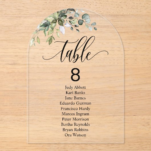Invitations En Acrylique Tableau des Mariages d'arc Feuille Eucalyptus Tabl (Recto)