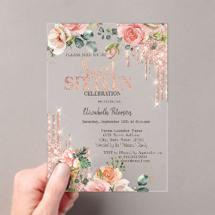 Invitations En Acrylique Talons hauts Rose Gold Glitter Drips Roses Sweet 1