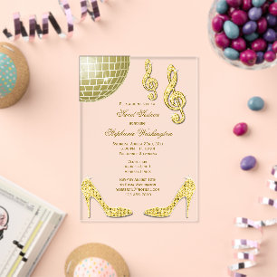 Invitations En Acrylique Talons scintillants et boule disco dorée Sweet 16