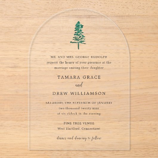 Invitations En Acrylique Tamara Pine Tree Mariage moderne (Recto)