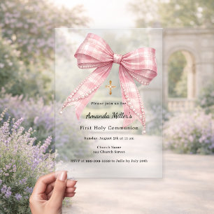 Invitations En Acrylique Tartan de luxe avec noeud rose pour la Première Co