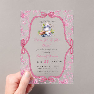 Invitations En Acrylique Tea Party Fleur sauvage rose Douche Couple