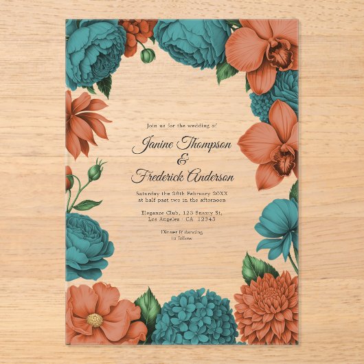 Invitations En Acrylique Teal & Coral Modern Botanical Wedding (Recto)