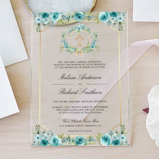 Invitations En Acrylique Teal Floral Gold Catholic Cross Wedding