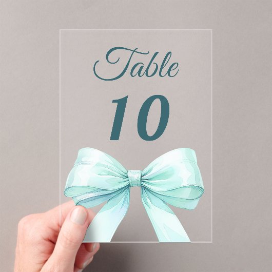 Invitations En Acrylique Teal green bow acrylic table number sign (In situ (ordinateur de poche))