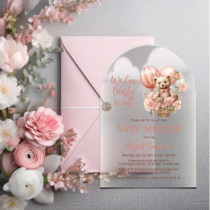Invitations En Acrylique Teddy Bear Balloons Girl Baby shower virtuel