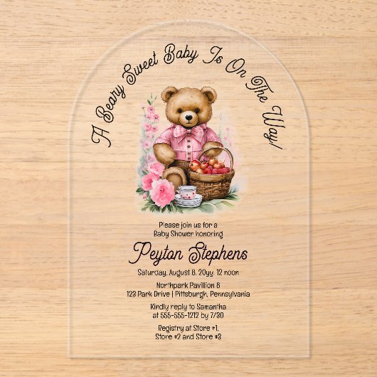 Invitations En Acrylique Teddy Bear Picnic Beary Baby shower sucré (Recto)
