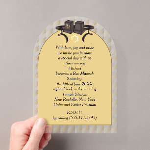 Invitations En Acrylique Tefillin de Bar Mitzvah géométrique or élégant