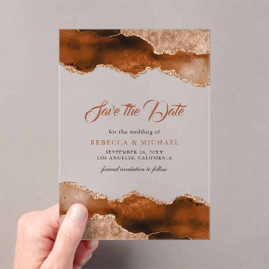 Invitations En Acrylique Terracotta Agate Marbre Mariage Enregistrer la dat (In situ (ordinateur de poche))
