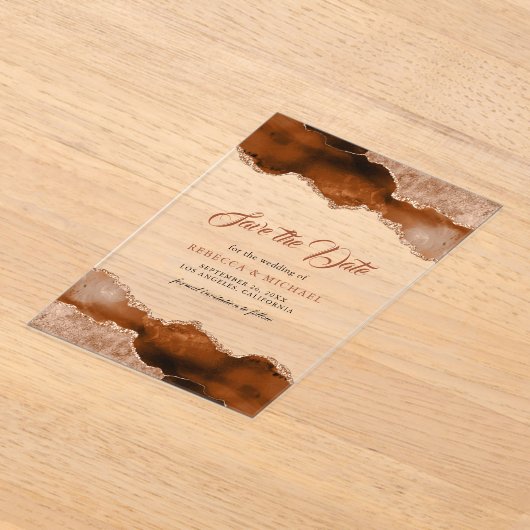 Invitations En Acrylique Terracotta Agate Marbre Mariage Enregistrer la dat (Poser)
