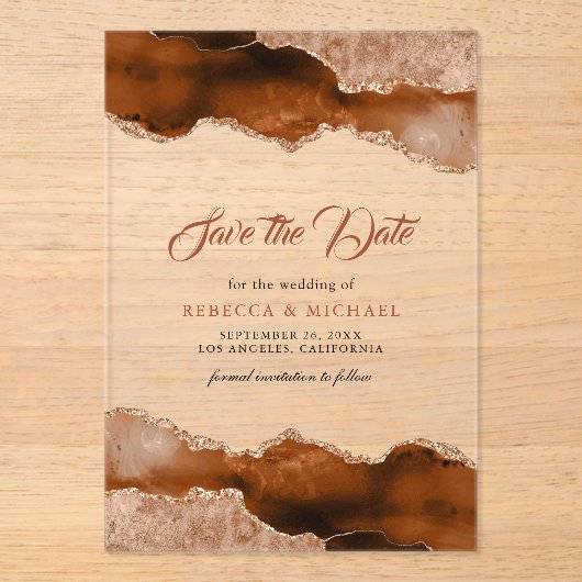 Invitations En Acrylique Terracotta Agate Marbre Mariage Enregistrer la dat (Recto)