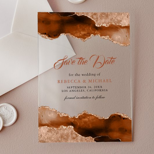Invitations En Acrylique Terracotta Agate Marbre Mariage Enregistrer la dat