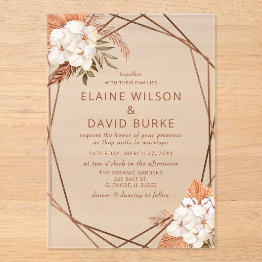 Invitations En Acrylique Terracotta Boho Pampas Mariage (Recto)
