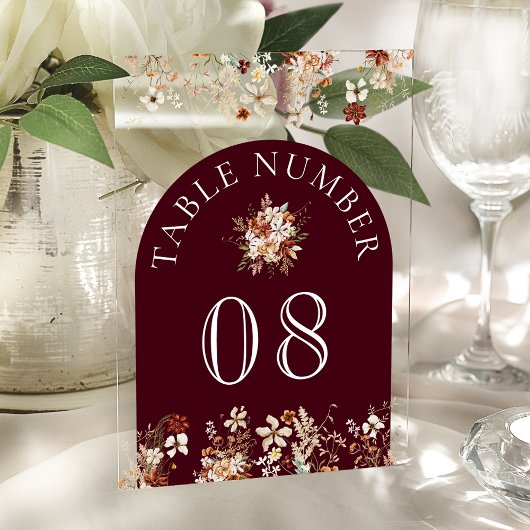 Invitations En Acrylique Terracotta Floral Burgundy Acrylic Table Number
