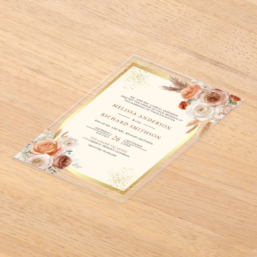 Invitations En Acrylique Terracotta Floral Cream Gold Wedding (Poser)