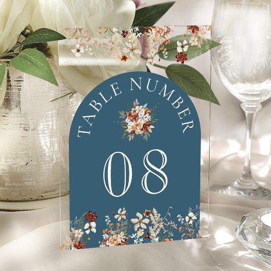 Invitations En Acrylique Terracotta Floral Dusty Blue Acrylic Table Number