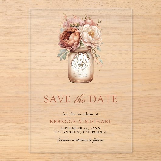 Invitations En Acrylique Terracotta Floral Mason Jar Mariage Enregistrer la (Recto)