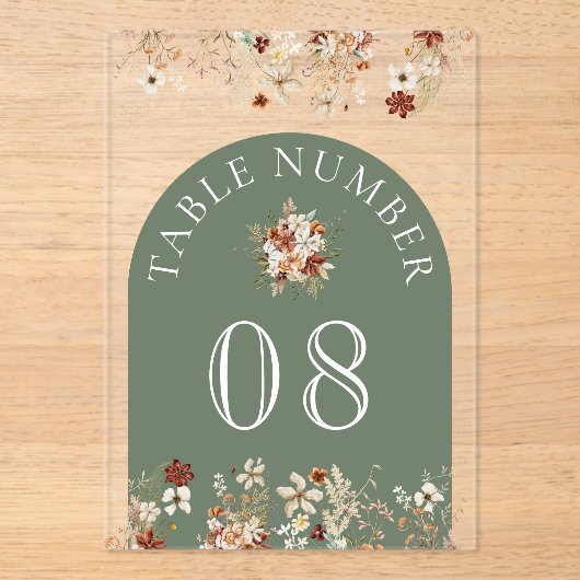 Invitations En Acrylique Terracotta Floral Sage Green Acrylic Table Number (Recto)