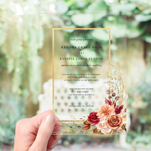 Invitations En Acrylique Terracotta Florale Automne Doré
