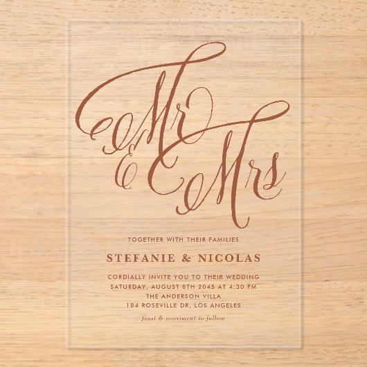 Invitations En Acrylique Terracotta M. et Mme Rustic Calligraphy Mariage (Recto)