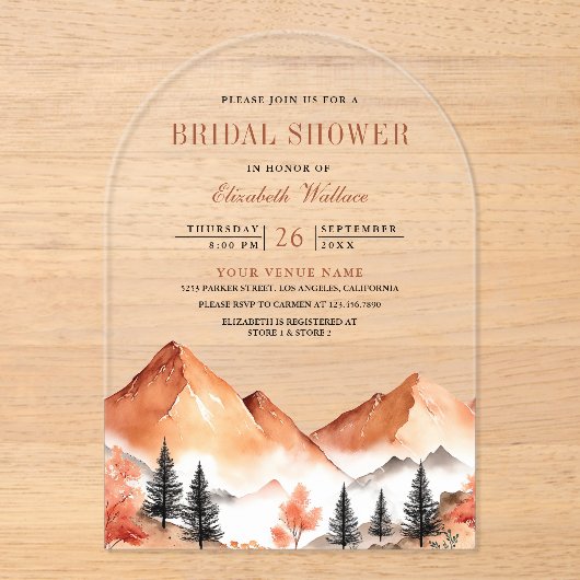 Invitations En Acrylique Terracotta Mountain Bridal Shower (Recto)