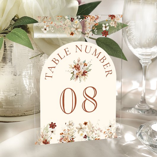 Invitations En Acrylique Terracotta Wildflower Cream Acrylic Table Number