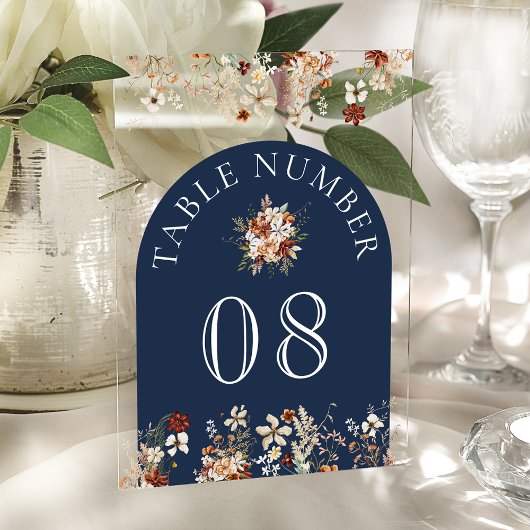 Invitations En Acrylique Terracotta Wildflower Navy Acrylic Table Number