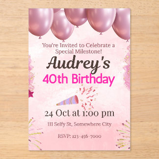 Invitations En Acrylique Thème 40e anniversaire rose