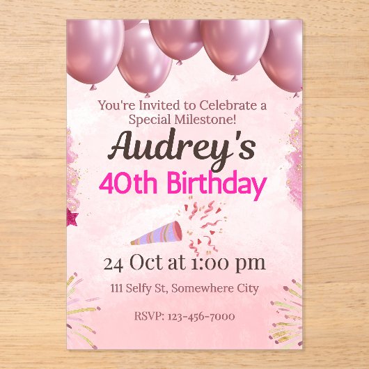 Invitations En Acrylique Thème 40e anniversaire rose (Recto)